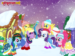 Size: 800x600 | Tagged: safe, artist:emerald2002, applejack, fluttershy, pinkie pie, rainbow dash, rarity, twilight sparkle, g4, bundled up for winter, clothes, mane six, rainbow socks, snow, socks, striped socks, winter outfit