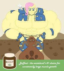 Size: 2250x2500 | Tagged: safe, artist:urkel, angel bunny, fluttershy, deathclaw, rabbit, anthro, g4, animal, arm hooves, buffout, clothes, drug use, drugs, fake ad, fallout, fetish, flutterhulk, growth, high res, jumpsuit, muscle fetish, muscle growth, muscles, muscleshy, overdeveloped muscles, torn clothes, vault suit, wardrobe malfunction, wasteland