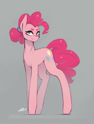 Size: 2056x2716 | Tagged: safe, artist:novabytes, pinkie pie, earth pony, pony, g4, alternate hairstyle, female, high res, long legs, looking at you, simple background, smiling, solo