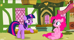 Size: 1360x730 | Tagged: safe, screencap, pinkie pie, twilight sparkle, pony, g4, too many pinkie pies, duo, duo female, female, mushroom table, ponyville, raised hoof, scrunchy face, sitting