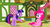 Size: 1360x730 | Tagged: safe, screencap, pinkie pie, twilight sparkle, pony, g4, my little pony: friendship is magic, too many pinkie pies, duo, duo female, female, mushroom table, ponyville, raised hoof, scrunchy face, sitting