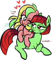 Size: 432x497 | Tagged: safe, artist:sugahfox, oc, oc only, oc:cherry, oc:fizzy, earth pony, pony, blushing, female, heart, hug, mare, prone, simple background, transparent background