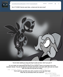 Size: 666x811 | Tagged: safe, artist:egophiliac, nightmare moon, princess luna, moonstuck, g4, ask, bucket, dark woona, filly, flying, grayscale, monochrome, nightmare woon, tumblr, woona, younger