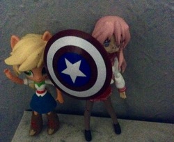 Size: 1936x1579 | Tagged: safe, artist:theanimefanz, applejack, equestria girls, g4, captain america, doll, equestria girls minis, eqventures of the minis, figma, hatless, irl, lucky star, marvel, missing accessory, photo, shield, takara miyuki, toy