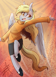 Size: 893x1233 | Tagged: safe, artist:myralilth, derpy hooves, anthro, unguligrade anthro, g4, abstract background, clothes, female, solo, sweater, underp