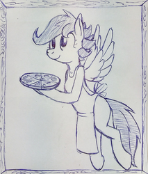Size: 1275x1500 | Tagged: safe, artist:tg-0, scootaloo, pegasus, pony, semi-anthro, g4, apron, arm hooves, ballpoint pen, clothes, cute, female, flying, food, hoof hold, monochrome, naked apron, older, pizza, sketch, smiling, solo, spread wings, traditional art