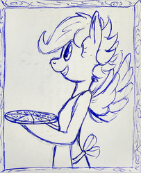Size: 1217x1500 | Tagged: safe, artist:tg-0, scootaloo, anthro, semi-anthro, g4, apron, arm hooves, ballpoint pen, clothes, female, food, monochrome, naked apron, older, pizza, sketch, smiling, solo, traditional art