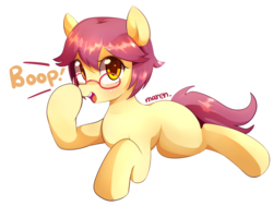 Size: 1599x1209 | Tagged: safe, artist:maren, oc, oc only, oc:karen miyu, earth pony, pony, art trade, blank flank, boop, cute, female, glasses, looking at you, mare, ocbetes, open mouth, prone, self-boop, short mane, simple background, smiling, solo, white background