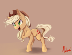 Size: 1400x1080 | Tagged: safe, artist:miokomata, applejack, earth pony, pony, g4, cowboy hat, female, hat, open mouth, raised hoof, signature, simple background, smiling, solo, stetson