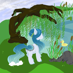 Size: 2000x2000 | Tagged: safe, artist:hirundoarvensis, oc, oc only, oc:willow, duck, original species, pond pony, female, high res, lake, mare, solo, tree