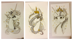 Size: 800x441 | Tagged: safe, artist:probablyfakeblonde, princess celestia, princess luna, twilight sparkle, alicorn, pony, g4, monochrome, new crown, traditional art, twilight sparkle (alicorn)