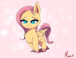 Size: 1400x1080 | Tagged: safe, artist:miokomata, fluttershy, pony, g4, chibi, cute, female, hnnng, looking at you, shyabetes, signature, smiling, solo