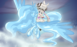 Size: 6500x4000 | Tagged: safe, artist:geraritydevillefort, princess celestia, alicorn, pony, g4, absurd resolution, clothes, crossover, crown, cute, duo, fate/grand order, female, flying, jewelry, large wings, mare, marie antoinette, open mouth, regalia, rider, riding, smiling, spread wings, wings