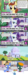 Size: 1000x2631 | Tagged: safe, artist:red4567, octavia melody, rarity, pony, unicorn, g4, caviar, charity, comic, donations, element of generosity, female, filly, foal, fountain, generosity, lottery, lucky, mare, microphone, news, orphan, orphanage, orphans, ponyville, reporter, rich