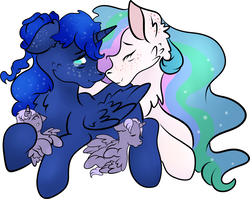 Size: 1024x815 | Tagged: safe, artist:bewarethemusicman, princess celestia, princess luna, oc, oc:odin, oc:selene, alicorn, pony, g4, alternate hairstyle, baby, baby pony, colt, female, filly, freckles, male, next generation, offspring, parent:princess luna, simple background, twins, white background