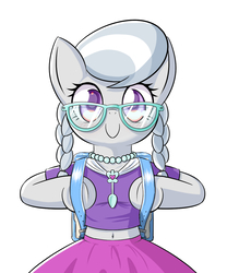 Size: 996x1200 | Tagged: safe, artist:phoenixperegrine, silver spoon, earth pony, pony, semi-anthro, g4, backpack, belly button, bipedal, braid, braided pigtails, clothes, cute, digital art, equestria girls outfit, female, glasses, jewelry, looking at you, looking forward, mare, meganekko, midriff, necklace, randoseru, shirt, short shirt, silverbetes, simple background, skirt, smiling, solo, white background