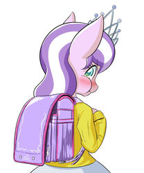Size: 996x1200 | Tagged: safe, artist:phoenixperegrine, diamond tiara, earth pony, pony, semi-anthro, g4, backpack, bipedal, blushing, clothes, cute, digital art, equestria girls outfit, female, looking at you, looking back, mare, puffy cheeks, randoseru, rear view, simple background, skirt, solo, sweater, tiara, white background