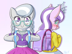 Size: 1600x1200 | Tagged: safe, artist:phoenixperegrine, diamond tiara, silver spoon, earth pony, pony, semi-anthro, g4, backpack, belly button, bipedal, blue background, blushing, braid, braided pigtails, clothes, cute, diamondbetes, digital art, duo, equestria girls outfit, female, glasses, gradient background, jewelry, looking at you, looking back, looking forward, mare, meganekko, midriff, necklace, pigtails, pink background, puffy cheeks, randoseru, rear view, short shirt, silverbetes, skirt, smiling, standing, sweater, tiara