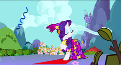 Size: 1360x730 | Tagged: safe, screencap, rarity, pony, unicorn, dragon quest, g4, clothes, dazzle camouflage, dress, eyes closed, female, mare, solo, streamers