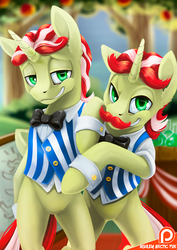 Size: 919x1300 | Tagged: safe, artist:arctic-fox, flam, flim, pony, g4, bipedal, duo, facial hair, flim flam brothers, grin, looking at you, moustache, patreon, patreon logo, smiling, sweet apple acres, twins