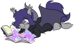 Size: 911x546 | Tagged: safe, artist:egophiliac, oc, oc only, oc:dusk rhine, bat pony, pony, adorkable, book, clothes, comic book, cute, cutie mark, dork, fangs, glasses, hair over one eye, happy, hoodie, lying down, magic, male, reading, simple background, solo, spellbook, stallion, transparent background
