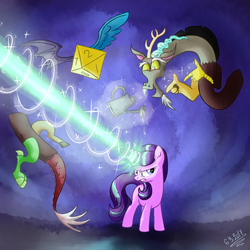Size: 2000x2000 | Tagged: safe, artist:nawakicz, artist:ruushiicz, discord, starlight glimmer, draconequus, pony, unicorn, g4, annoyed, blast, blue background, collaboration, d8, dice, discord being discord, duo, female, high res, looking back, magic, magic beam, magic blast, male, mare, s5 starlight, signature, simple background, smiling, sweat, watering can, wings