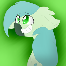 Size: 1024x1024 | Tagged: safe, artist:tizhonolulu, oc, oc only, oc:flame brave, bust, fluffy, green, looking up, portrait, simple background, smiling, solo, worried