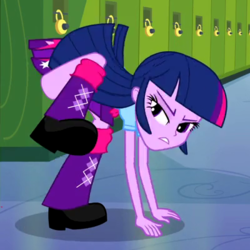 Size: 400x400 | Tagged: safe, screencap, twilight sparkle, equestria girls, g4, clothes, cropped, female, humans doing horse things, leg warmers, lockers, raised leg, shoes, sideass, skirt, skirt lift, solo