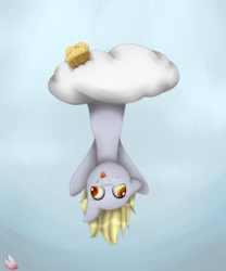 Size: 3668x4408 | Tagged: safe, artist:silverlove234, derpy hooves, pegasus, pony, g4, absurd resolution, cloud, derpy being derpy, female, food, mare, muffin, one ear down, solo, tongue out, upside down