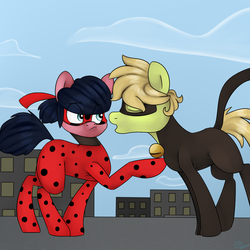 Size: 1000x1000 | Tagged: safe, artist:chibadeer, oc, oc only, earth pony, pony, chat noir, crossover, female, male, mare, miraculous ladybug, stallion