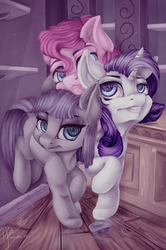 Size: 1298x1954 | Tagged: safe, artist:hamatte, boulder (g4), maud pie, pinkie pie, rarity, earth pony, pony, g4, the gift of the maud pie, scene interpretation