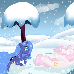 Size: 1000x1000 | Tagged: safe, artist:sebablackluna, princess celestia, princess luna, alicorn, pony, g4, female, filly, filly celestia, filly luna, mare, pink-mane celestia, snow, tree, winter, woona, younger