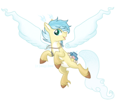 Size: 3000x2467 | Tagged: safe, artist:kaikururu, oc, oc only, original species, pegasus, pony, flying, high res, jewelry, male, necklace, pegasus oc, rearing, simple background, smiling, solo, stallion, transparent background, unshorn fetlocks