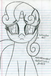 Size: 4175x6188 | Tagged: safe, artist:happyb0y95, sweetie belle, pony, unicorn, g4, absurd resolution, crying, cute, female, filly, lined paper, monochrome, solo, traditional art