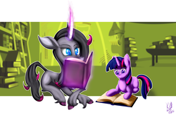 Size: 2100x1370 | Tagged: safe, artist:kiarawizard01, oleander (tfh), twilight sparkle, classical unicorn, pony, unicorn, them's fightin' herds, g4, book, community related, duo, female, filly, filly twilight sparkle, horn, leonine tail, magic, mare, prone, telekinesis