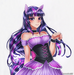 Size: 800x808 | Tagged: safe, artist:racoonsan, twilight sparkle, human, g4, bare shoulders, choker, clothes, corset, cute, dress, eared humanization, female, horn, horned humanization, humanized, looking at you, simple background, solo, tailed humanization, traditional art, white background