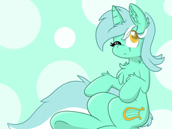 Size: 1600x1200 | Tagged: safe, artist:meowmavi, lyra heartstrings, pony, unicorn, g4, abstract background, chest fluff, colored pupils, ear fluff, female, one eye closed, sitting, smiling, solo, wink