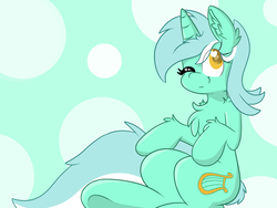 Size: 1600x1200 | Tagged: dead source, safe, artist:meowmavi, lyra heartstrings, pony, unicorn, g4, abstract background, chest fluff, colored pupils, ear fluff, female, one eye closed, sitting, smiling, solo, wink