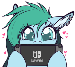 Size: 688x610 | Tagged: safe, artist:meggchan, oc, oc only, oc:liz, pony, ear piercing, excited, heart, nintendo switch, piercing, simple background, solo, starry eyes, white background, wingding eyes