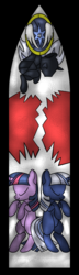 Size: 442x1538 | Tagged: safe, artist:limedreaming, twilight sparkle, oc, oc:obsidian, oc:silverlay, pony, umbra pony, unicorn, g4, female, mare, rearing, stained glass