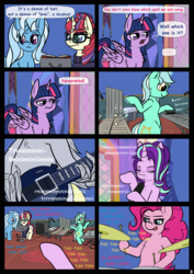 Size: 4961x7016 | Tagged: safe, artist:duop-qoub, derpy hooves, lyra heartstrings, moondancer, pinkie pie, starlight glimmer, trixie, twilight sparkle, alicorn, earth pony, pegasus, pony, unicorn, g4, absurd resolution, bipedal, chest fluff, comic, dialogue, drums, ear fluff, female, glasses, guitar, hoof hold, mare, musical instrument, shoulder fluff, tongue out, twilight sparkle (alicorn), wing hands, xylophone