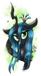 Size: 905x1680 | Tagged: safe, artist:joakaha, queen chrysalis, changeling, changeling queen, g4, fangs, female, floppy ears, heart, looking at you, signature, simple background, solo, white background