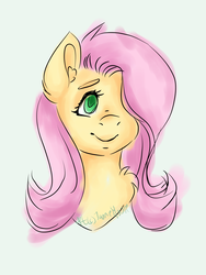 Size: 1944x2592 | Tagged: safe, artist:jannemoore, fluttershy, pony, g4, bust, colored sketch, female, hair over one eye, looking away, looking up, portrait, simple background, smiling, solo, white background