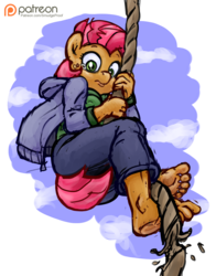 Size: 1173x1500 | Tagged: safe, artist:smudge proof, babs seed, anthro, plantigrade anthro, g4, barefoot, clothes, crying, embarrassed, fear, feet, female, hoodie, low angle, patreon, patreon logo, patreon sketch, rope, scared, simple background, sketch, sky, soles, solo, teenager, toes, transparent background
