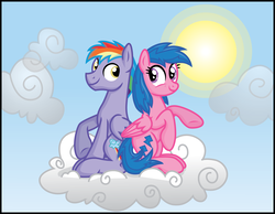 Size: 4249x3296 | Tagged: safe, artist:inkrose98, firefly, rainbow blaze, pegasus, pony, g1, g4, cloud, cute, eye contact, female, g1 to g4, generation leap, high res, looking at each other, looking back, male, mare, raised hoof, ship:fireblaze, shipping, sitting, sky, smiling, stallion, straight, sun, underhoof