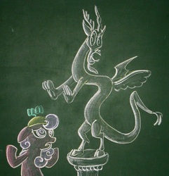 Size: 1988x2062 | Tagged: safe, artist:azdaracylius, discord, screwball, g4, chalk drawing, daddy discord, hat, statue discord, traditional art