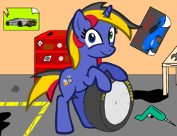 Size: 1042x800 | Tagged: safe, artist:toyminator900, oc, oc only, oc:wheelie rims, pony, unicorn, bipedal, car, drill, female, heterochromia, looking at you, mare, mechanic, oil, poster, smiling, solo, tire, wheel, workbench, wrench
