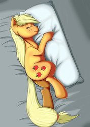 Size: 2480x3507 | Tagged: safe, artist:exelzior, applejack, g4, abstract background, bed, female, high res, hug, pillow, sleeping, solo