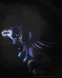 Size: 800x1000 | Tagged: safe, artist:glitter-unicorn, princess luna, alicorn, pony, g4, crying, eyes closed, female, floppy ears, glowing horn, gritted teeth, horn, magic, s1 luna, sitting, solo, spread wings