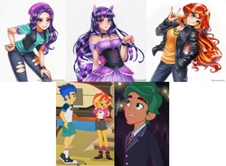 Size: 1731x1272 | Tagged: safe, artist:racoonsan, edit, screencap, flash sentry, starlight glimmer, sunset shimmer, timber spruce, twilight sparkle, human, equestria girls, equestria girls specials, g4, mirror magic, my little pony equestria girls: legend of everfree, bare shoulders, beanie, choker, clothes, converse, corset, counterparts, devil horn (gesture), dress, eared humanization, female, hat, horn, horned humanization, human coloration, humanized, jacket, jeans, leather jacket, looking at you, male, nail polish, pants, ripped jeans, shipping, shirt, shoes, simple background, smiling, straight, tailed humanization, timbertwi, traditional art, twilight's counterparts, vest, watch, white background, wristwatch